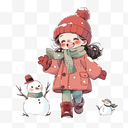 卡通冬天可爱女孩雪人手绘元素
