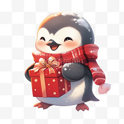 手绘元素冬天可爱的企鹅拿着礼物