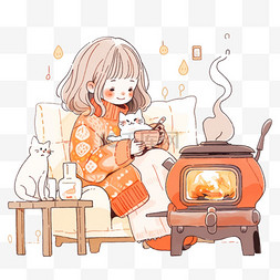 冬天女孩沙发上取暖手绘元素卡通