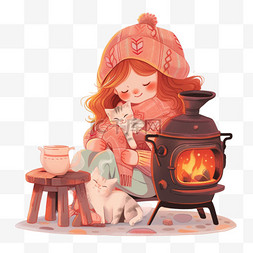 冬天炉子图片_女孩沙发上冬天取暖卡通手绘元素