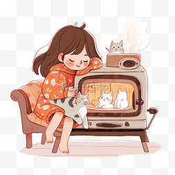 冬天炉子图片_冬天女孩卡通沙发上取暖手绘元素
