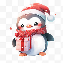 手绘圣诞帽图片_冬天卡通可爱的企鹅元素拿着礼物