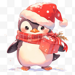 手绘圣诞帽图片_冬天手绘元素可爱的企鹅拿着礼物