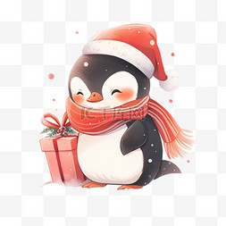 手绘圣诞帽图片_冬天可爱的企鹅手绘拿着礼物卡通