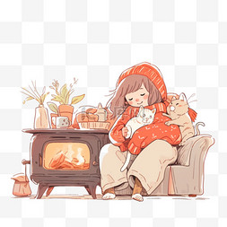 冬天手绘元素女孩沙发上取暖卡通