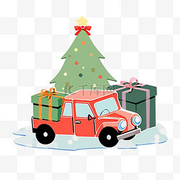 雪松树图片_圣诞节拉礼物小车圣诞树卡通手绘