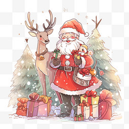 圣诞节圣诞老人手绘小鹿松树卡通