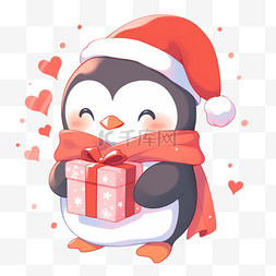 手绘冬天可爱的企鹅拿着礼物卡通