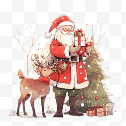 圣诞节圣诞老人小鹿松树手绘卡通