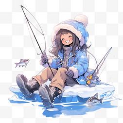 鱼在水里卡通图片_可爱女孩冬天湖边钓鱼卡通手绘元