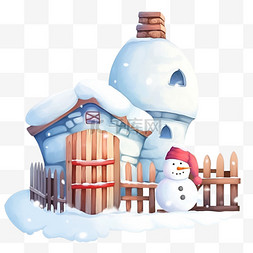 雪人白色的图片_卡通冬天雪屋围栏雪人手绘元素