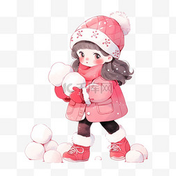冬天女孩玩雪球卡通元素手绘