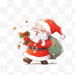 红色卡通圣诞帽图片_圣诞节圣诞老人背着礼袋卡通手绘