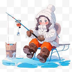 卡通冬天可爱女孩湖边钓鱼手绘元