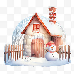 呆萌白色雪人图片_冬天手绘雪屋围栏雪人卡通元素