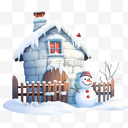 雪人白色的图片_冬天雪屋围栏卡通雪人手绘元素