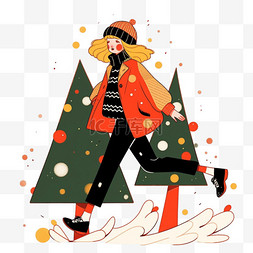 黑色时尚背景图片_圣诞节女孩圣诞树扁平插画元素冬
