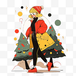 圣诞节人物抽象图片_冬天女孩圣诞节圣诞树扁平插画元