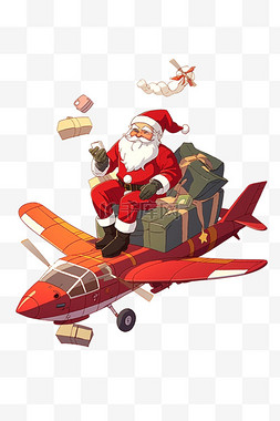 卡通圣诞节圣诞老人飞机礼盒手绘
