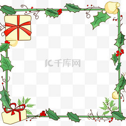 红黄色简约背景图片_圣诞节松叶卡通礼盒边框手绘元素