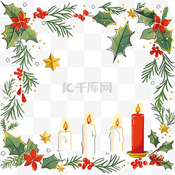 手绘绿色树叶背景图片_圣诞节蜡烛绿叶边框卡通手绘元素