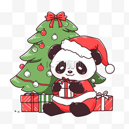 圣诞节圣诞树熊猫卡通手绘元素