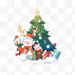 雪人白色图片_圣诞节卡通手绘圣诞树圣诞老人元