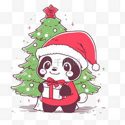 圣诞节熊猫圣诞树手绘卡通元素