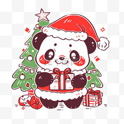 可爱表情手绘线条图片_手绘圣诞节熊猫圣诞树卡通元素