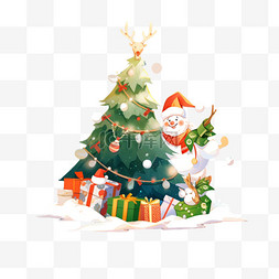 圣诞树圣诞老人雪图片_圣诞节圣诞树圣诞老人手绘元素卡
