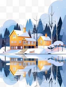 树的倒影图片_冬天风景雪山插画卡通手绘元素