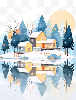 冬天雪山插画风景卡通手绘元素