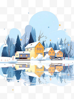 倒影树图片_雪山风景冬天插画卡通手绘元素