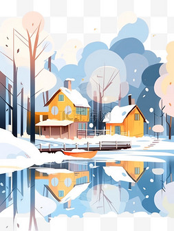 树的倒影图片_冬天插画雪山风景卡通手绘元素