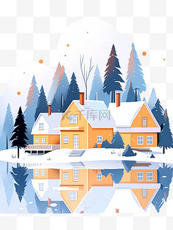 树的倒影图片_冬天雪山插画卡通风景手绘元素
