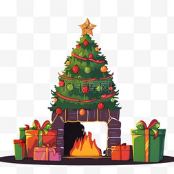 圣诞树壁炉卡通圣诞节手绘元素