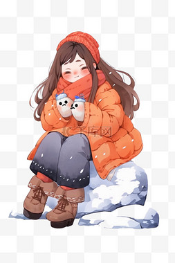 羽绒服简约图片_手绘冬天雪天可爱女孩卡通