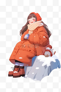 红色头发女孩图片_冬天雪天手绘可爱女孩卡通元素