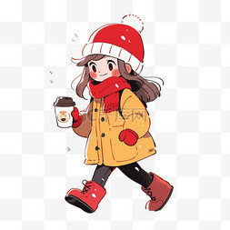 奶茶可爱的女孩图片_冬天手绘可爱孩子喝咖啡卡通元素