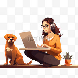 在她的狗旁边在家工作的自由职业