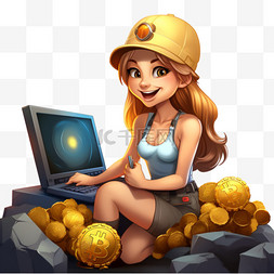 坐着的女孩正在用她的电脑挖掘比