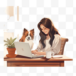 在她的狗旁边在家工作的自由职业