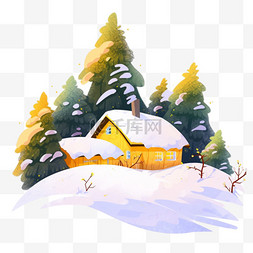 木屋树木冬天雪天卡通手绘元素