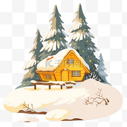 雪天的松树图片_冬天木屋树木卡通雪天手绘元素