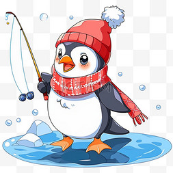 冬天钓鱼企鹅卡通手绘元素