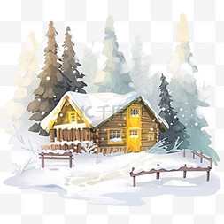 冬天雪天木屋树木卡通手绘元素