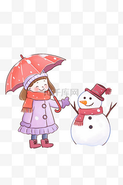 卡通手绘冬天拿伞女孩雪人元素