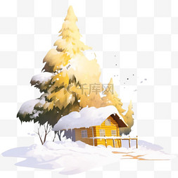 雪天的松树图片_木屋冬天树木雪天卡通手绘元素