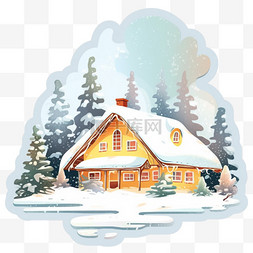 雪天冬天木屋树木卡通手绘元素