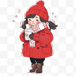 冬天喝咖啡可爱孩子卡通手绘元素